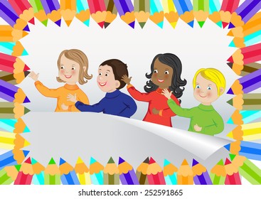Lápices de colores enmarcados con niños. Ilustración del vector