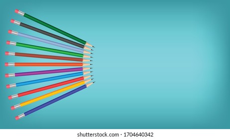 Colorful pencils frame on blue background, vector design