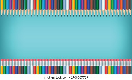 Colorful pencils frame on blue background, vector design