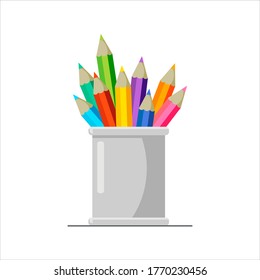 Colorful pencils in holder basket, drawing equipment in a gray office organizer metal  box. Minimal flat style vector illustration. Design for template, web, app, branding, advertising, card, school