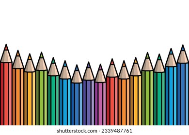 colorful pencils laying in row, bottom line made by pencil tips, set of colorful pencils, back to school background, vector illustration