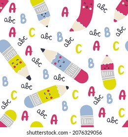 Colorful pencils and letters hand drawn seamless pattern. Design for decoration notebook, planner, notepad, copybook and journal. Doodle vector illustration for decor and design.
