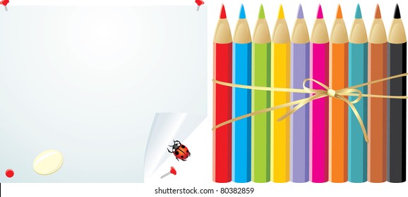 Colorful pencils on the convoluted paper with elastic and ladybird. Vector