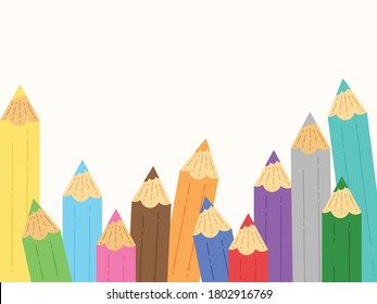 Colorful pencils on off-white background template. Blank paper for school. Concept of kid's stuff, education, classroom decoration, kindergarten, fun element, art, drawing. Flat vector illustration