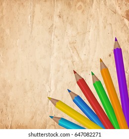 Colorful pencils on the old paper background. Vector illustration