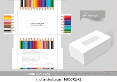 Colorful pencils on tissue box, template for creative business purpose, place your text and logos and ready to go for print