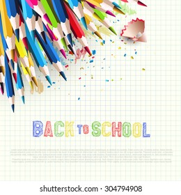 Colorful pencils on white paper - Back to School background with place for text