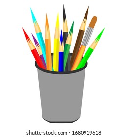 Lápices de colores en estuche de lápiz. Los lápices de colores en una taza. Vector de recipientes de plástico blanco realista con un conjunto de lápices de colores. Plantilla de diseño, icono, clipart o maqueta para gráficos