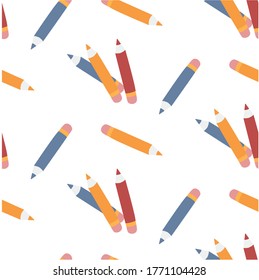 Colorful pencils seamless pattern isolated on white background. Flat vector illustration.