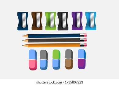 Colorful pencils with sharpeners and eraser on white background. school stationery with sharpener pencils and rubber.
