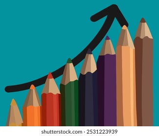 Colorful pencils are stacked to showcase growth, with an upward arrow indicating progress in creative work and innovation