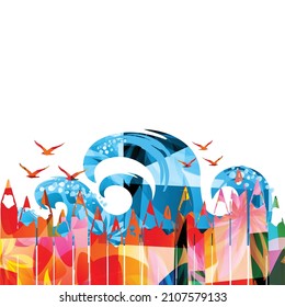 Colorful pencils with waves and seagulls vector illustration. Design for creative writing and creation, storytelling, blogging, education, book cover, article and website content writing, copywriting