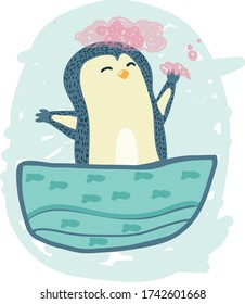 colorful penguin drawing with foam in the bath