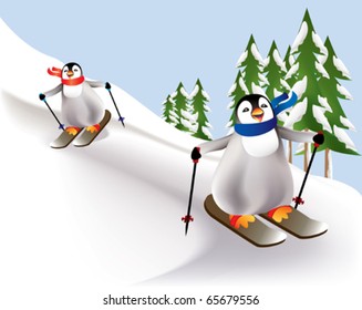 Colorful penguins skiing down a tree lined slope
