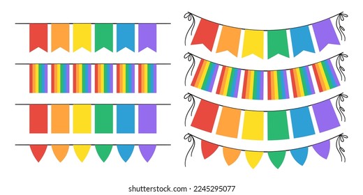 Colorful pennant banners. Vector set of flat lgbt flag. Rainbow garland isolated on white background.