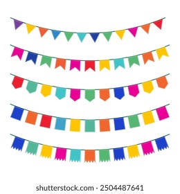 Colorido banderín bunting colección con líneas de puntada aisladas sobre fondo blanco en diseño plano. Ilustración vectorial