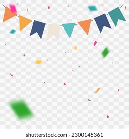 Colorful pennant bunting with confetti ribbons on transparent background. Happy carnival. Confetti festive colorful carnival illustration. Celebration background.