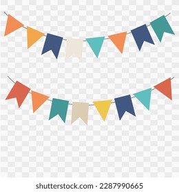 Colorful pennant bunting ribbon on transparent background. Happy carnival. Confetti festive colorful carnival illustration. Celebration background.