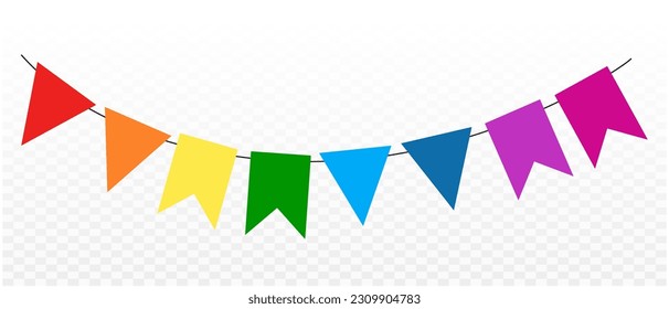 Colorful pennant bunting ribbon on transparent background. Happy carnival. Confetti festive colorful carnival illustration. Celebration background.