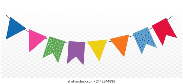 Colorful pennant bunting ribbon on transparent background. Happy carnival. Confetti festive colorful carnival illustration. Celebration background.