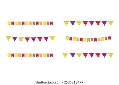 Colorido banderín aislado sobre fondo blanco. Guirnalda de fiesta colgante para niños. Banderas triangulares en colores del arco iris. Ilustraciones vectoriales de bunting