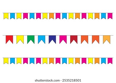 Colorido banderín aislado sobre fondo blanco. Guirnalda de fiesta colgante para niños. Banderas triangulares en colores del arco iris. Ilustraciones vectoriales de bunting