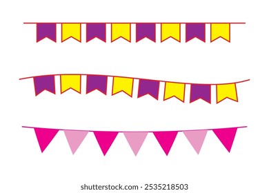 Colorido banderín aislado sobre fondo blanco. Guirnalda de fiesta colgante para niños. Banderas triangulares en colores del arco iris. Ilustraciones vectoriales de bunting