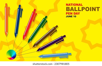 plumas coloridas cuidadosamente dispuestas con texto en negrita y fondo octogonal amarillo conmemorando el Día Nacional de la Pluma Ballpoint el 10 de junio
