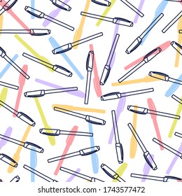Colorful pens pattern in cartoon style. Seamless texture with pens. Doodle vector elements. Back to school background. Hand drawn sketch.