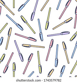Colorful pens pattern in cartoon style. Seamless texture with pens. Doodle vector elements. Back to school background. Hand drawn sketch.