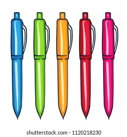 Colorful pens set. Vector illustration of pens. Isolated on white background.