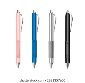 Colorful pens vector with grip. Corporate stationery design. Pink pen, blue pen, grey pen, black pen
