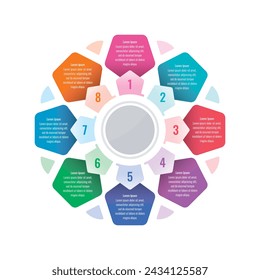 colorful pentagons infographic template. Infographic template for industry, science, education, business, press, technology world. eight steps information template