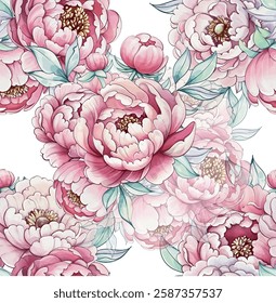 Colorful peonies elegantly display their soft petals and intricate details, bringing a fresh and vibrant touch to a serene white backdrop seamless pattern, background