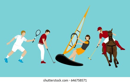 Colorful people activities set with tennis golf sailing and polo sport on turquoise background isolated vector illustration