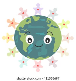 colorful people around the earth vector cartoon concept illustration