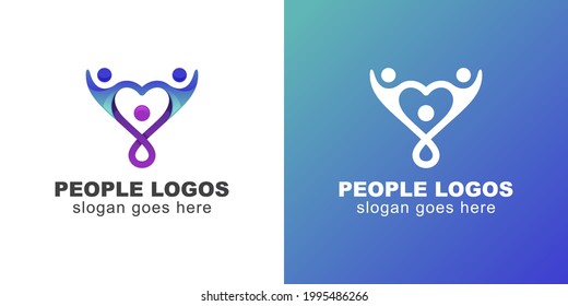 colorful people care or happy humanity  with love shape design concept, People family together human unity logo template