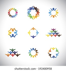 colorful people, children, employees icons collection set - vector graphic. This illustration also represents love, unity, solidarity, alliance, union, teamwork, organization, together, group