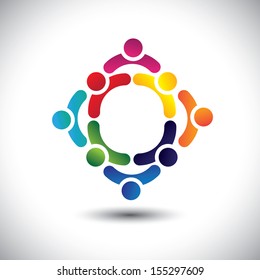 colorful people & children icons in multiple circles- concept vector. This illustration can also represent concept of children playing together or friendship or team building or group activity, etc 