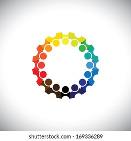 Colorful people community on social media network in circle - vector. This graphic illustration can also represent employee meetings, kids playing, kindergarten school students, etc