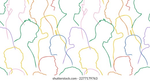 Colorful people crowd silhouette abstract art seamless pattern. Multi-ethnic community, cultural diversity group wallpaper background, diverse crowd drawing illustration print.