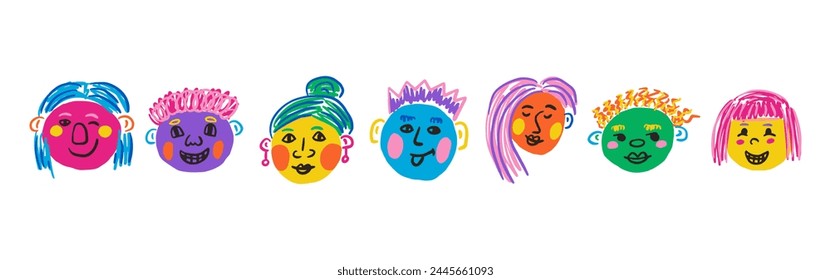 Colorful people face set. Funny portraits, modern abstract character in doodle style. Vector hand drawn illustration