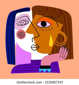 Colorful People Faces, Abstract, Line Art, Cubism, Decorative Vector Illustration.