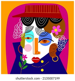 Colorful People Faces, Abstract, Line Art, Cubism, Decorative Vector Illustration.