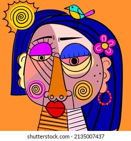 Colorful People Faces, Abstract, Line Art, Cubism, Decorative Vector Illustration.