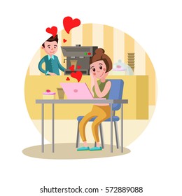 Colorful people gadget template with young girl chatting at table in cafe vector illustration