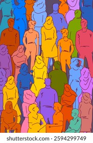 Colorful people group pattern  hand drawn background. Diversity various mass simple geometric human illustration.