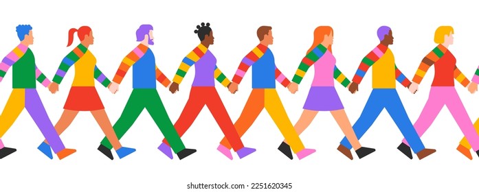 Colorful people group walking together holding hands seamless pattern. Modern flat cartoon illustration of diverse young character team for friendship, diversity or community culture concept.