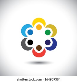 colorful people hugging in circle - teamwork concept vector. This abstract graphic represents diversity & unity, social community network, kids in school, employee teams in meeting, etc