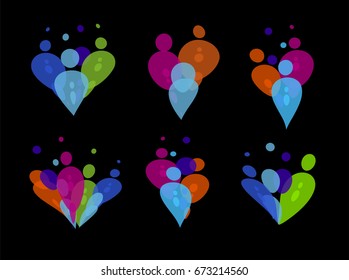 Colorful People party SiIhouettes of transparent bubbles vector logo set on black background. Isolated abstract hearts of human figures icons collection. Corporate logotype template